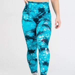 Curves n Combatboots Tie Dye Teal Blue Seamless Scrunch Butt Leggings XL CnC